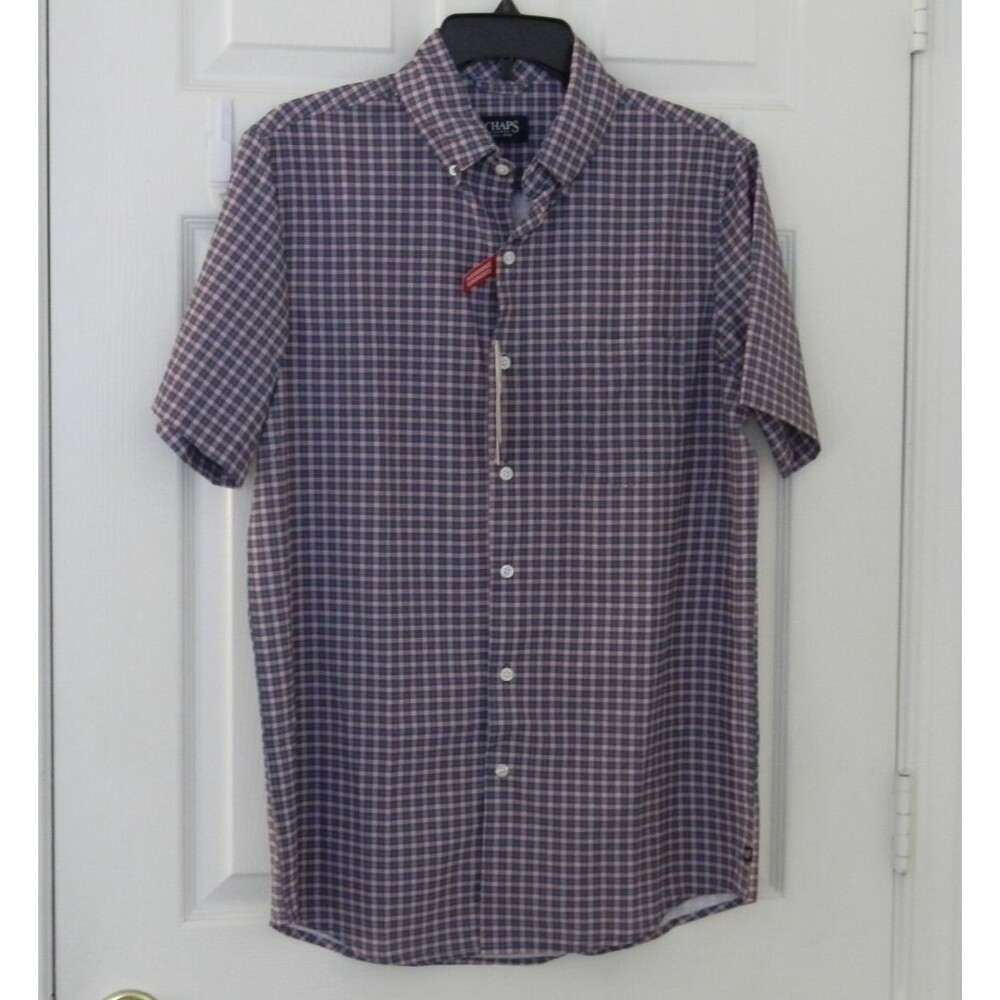 🆕️Chaps Performance Shirt Short Sleeve Button Down Plaid Stretch Wrinkle Resist